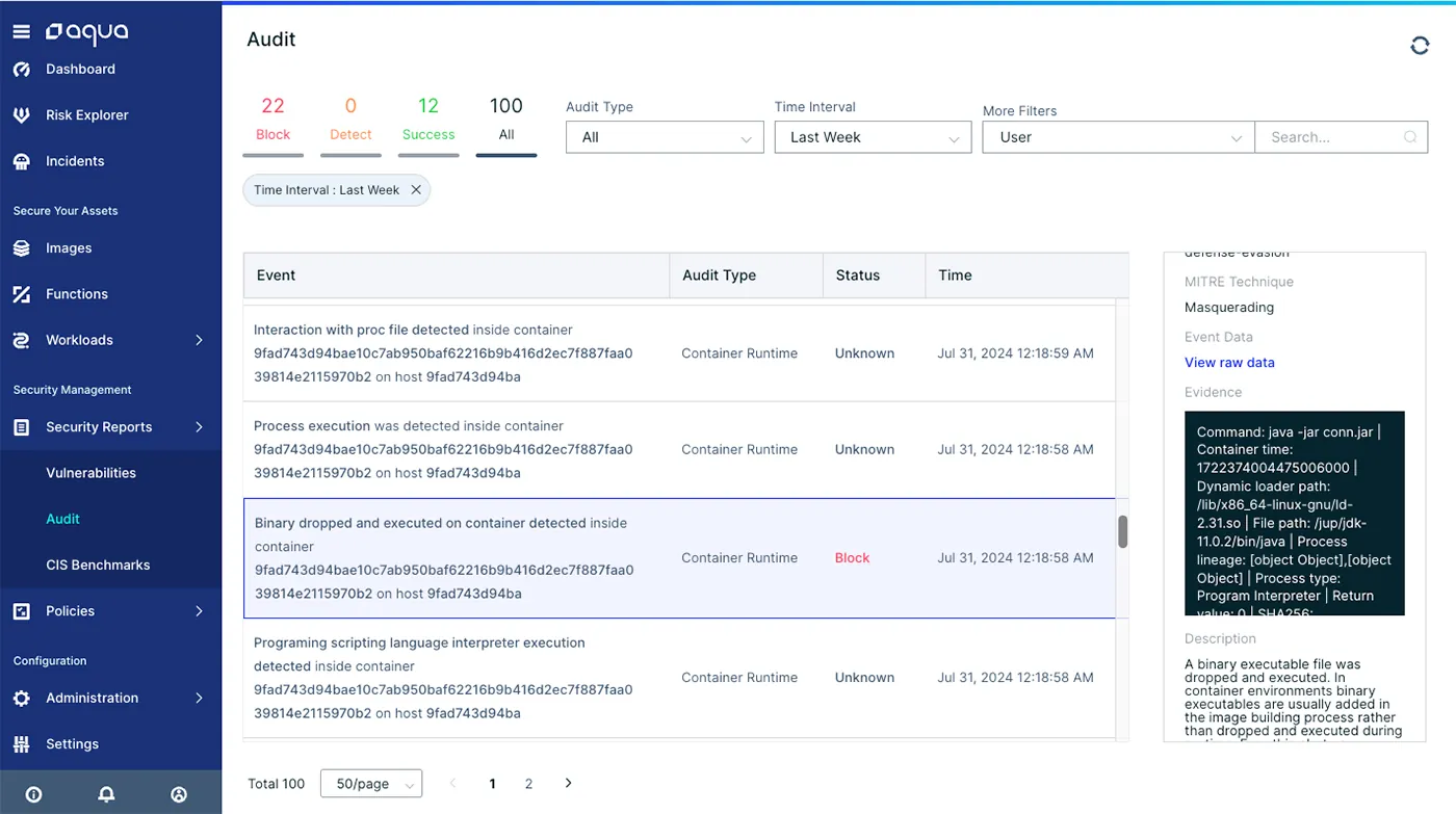 Figure 10: Aqua’s runtime protection completely blocks the attack before it even started