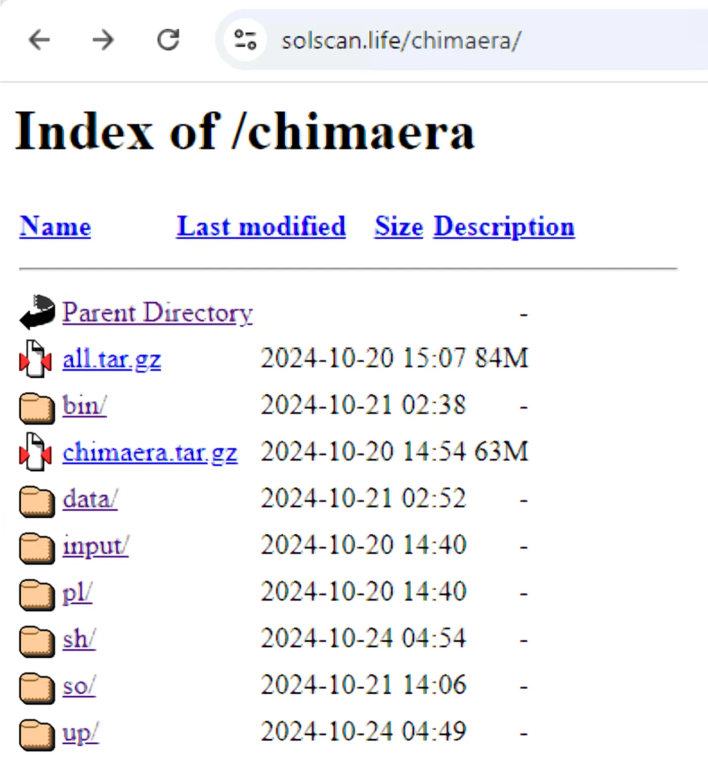 Figure 10: The Chimaera artifacts on the web server  