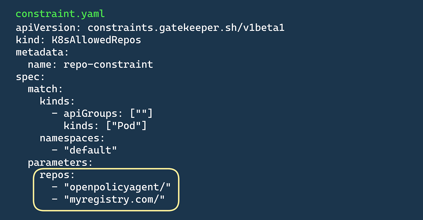 The Constraint for the k8sallowedrepos policy specifies the registries and repositories to which the policy is enforced. 